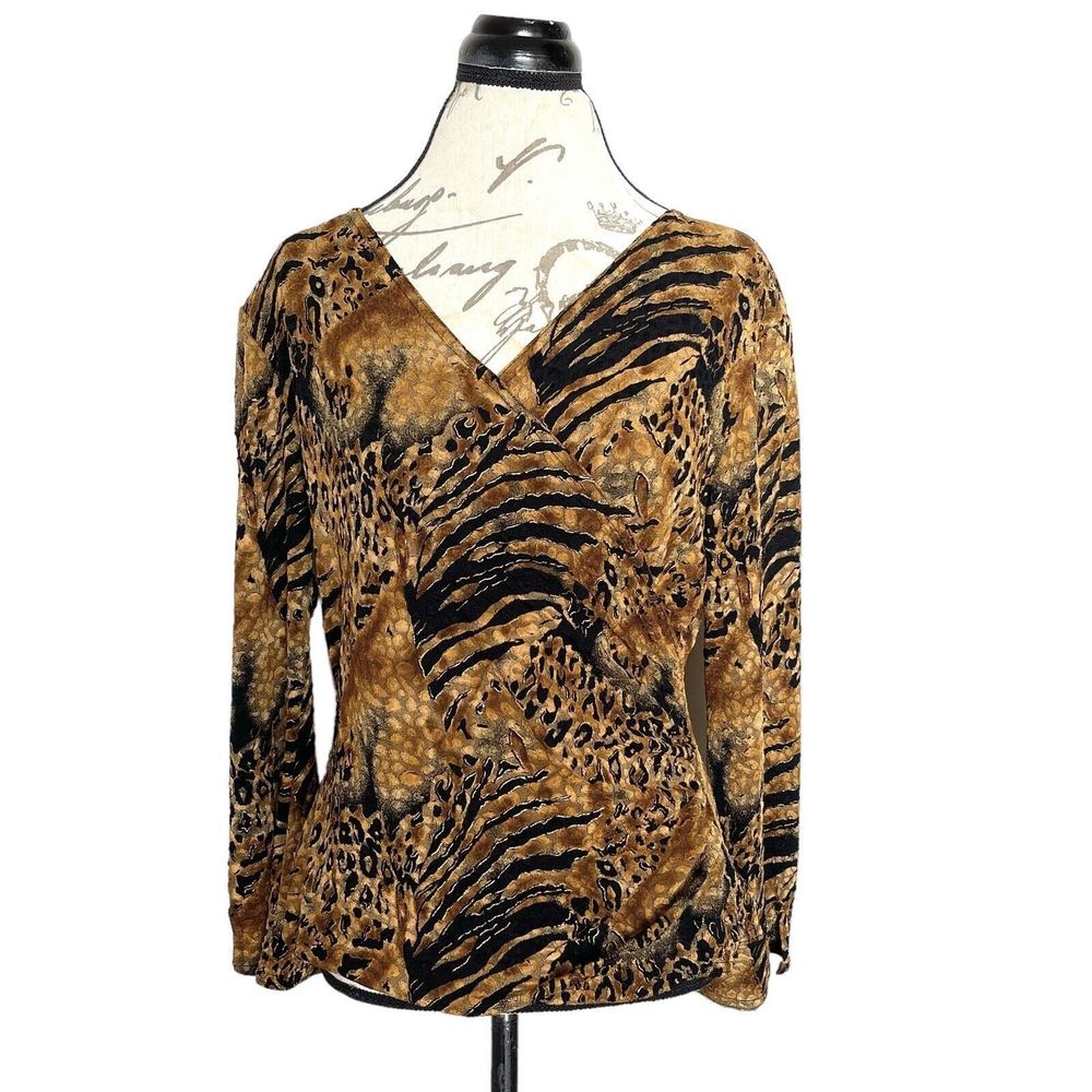 MSK Womens Blouse Size Medium Stretch Animal Print Long Slit Sleeve Faux Wrap